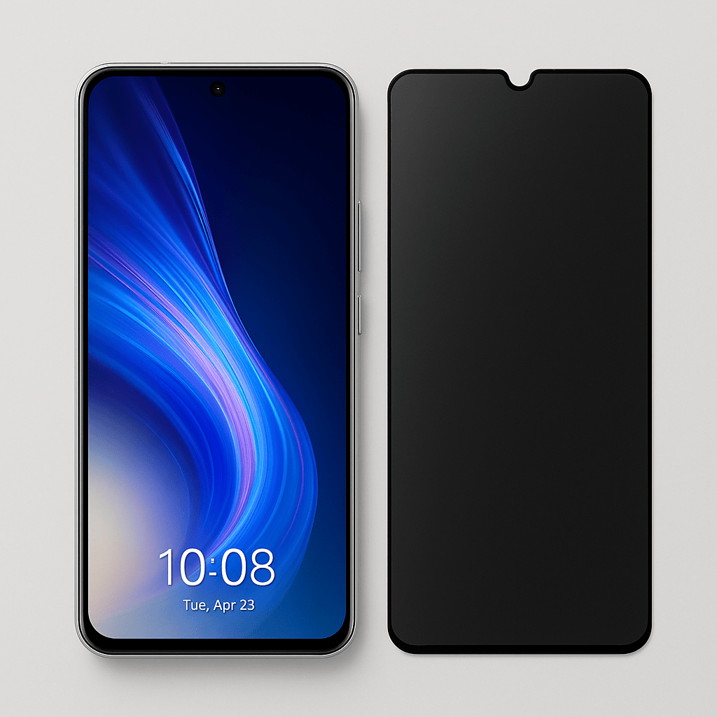 Honor 200 Lite puhelin ja privacy panssarikalvo vierekkäin, näyttö tumma sivusta katsottuna