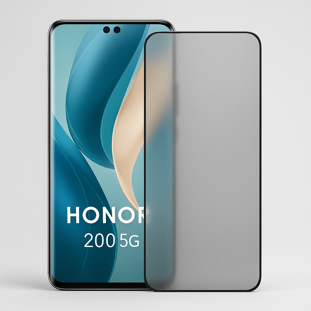Honor 200 5G puhelin ja mattapintainen panssarikalvo vierekkäin