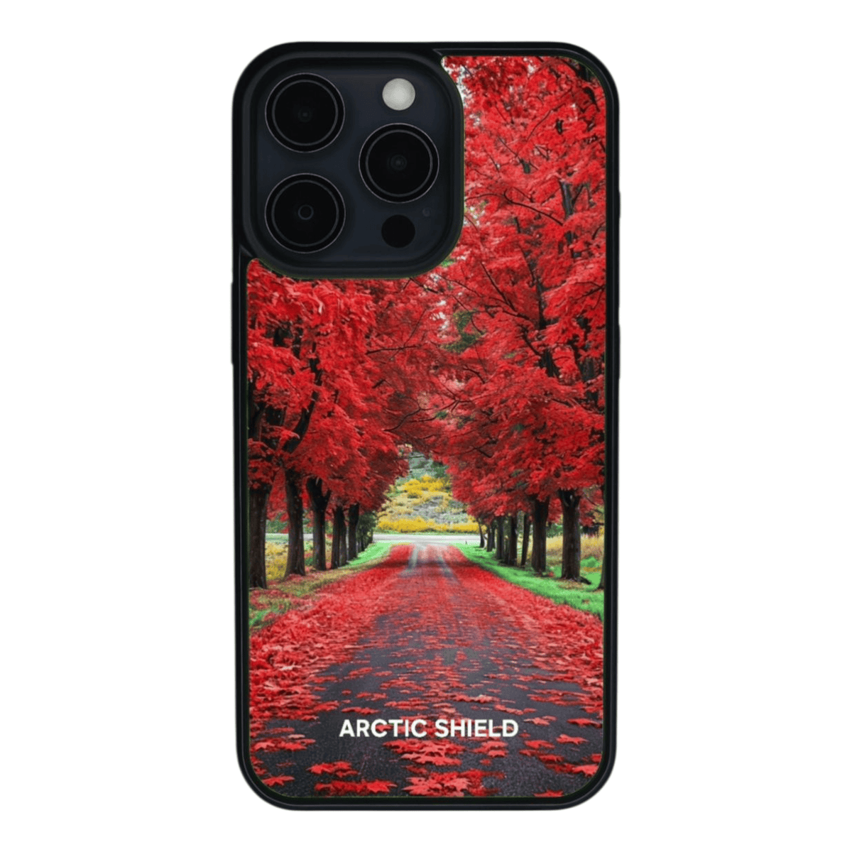 iPhone 14 Pro Max suojakuori Arctic Shield punainen syystie – iPhone kuori syksyisellä tiekuosilla