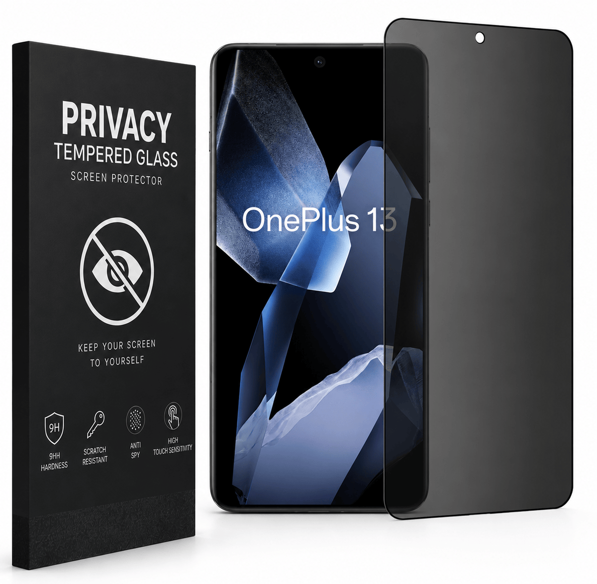 Privacy panssarilasi OnePlus 13 -puhelimeen mustalla suojalasilla ja tuotepakkauksella