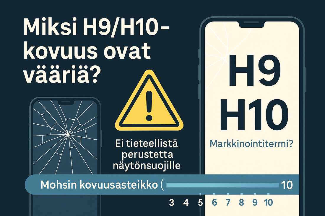 Infografiikka: Miksi H9/H10-kovuusmerkinnät ovat usein vääriä – selitys panssarilasien todellisesta kovuudesta ja testausmenetelmistä.