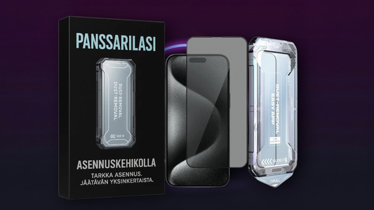 iPhone 17 panssarilasi asennuskehikolla – privacy näytönsuoja helppoon asennukseen ja tarkkaan kohdistukseen