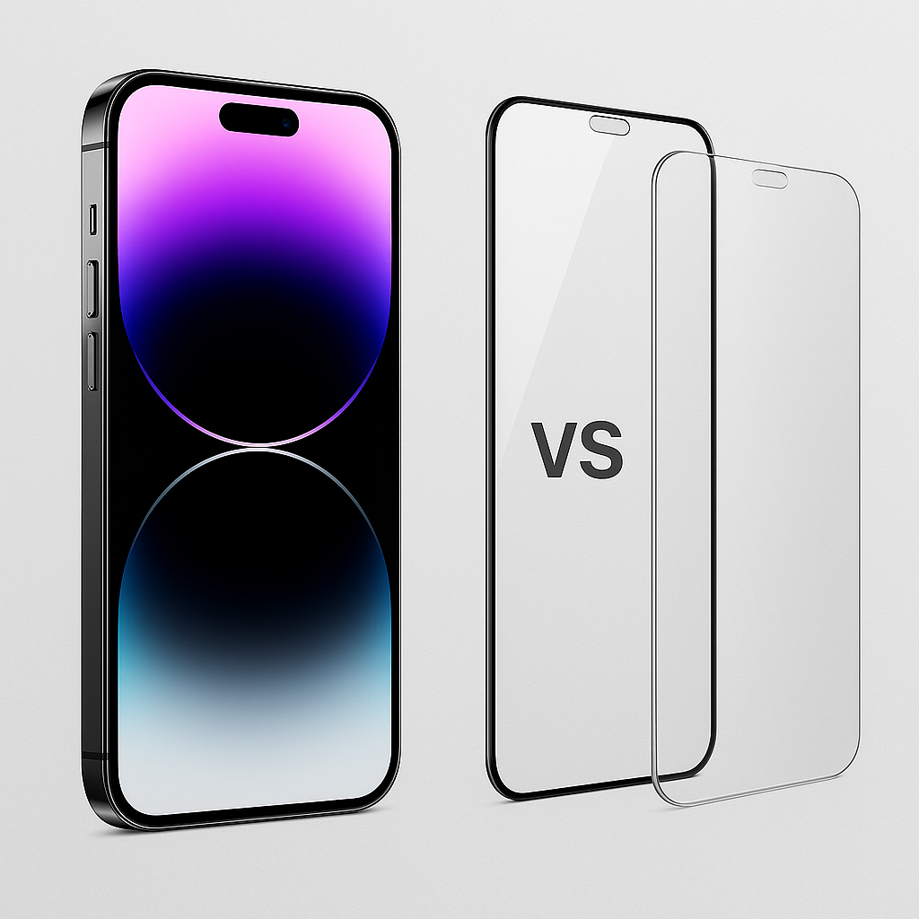 iPhone 17 Pro Max puhelin vierekkäin panssarilasin ja panssarikalvon kanssa – visuaalinen vertailu parhaasta näytönsuojasta vuonna 2026