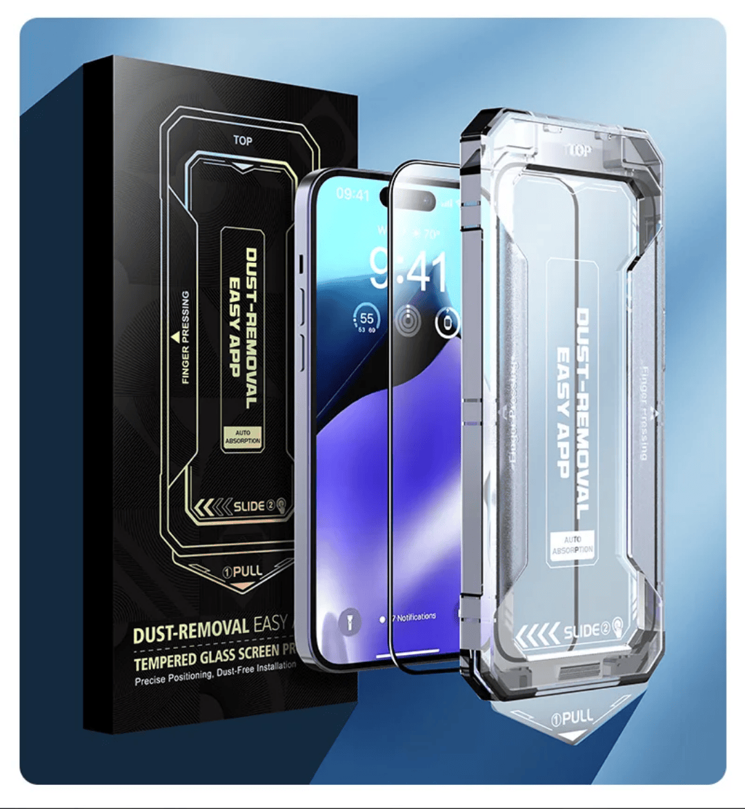 iPhone 16e panssarilasi asennuskehikolla – pystykuva paketista.