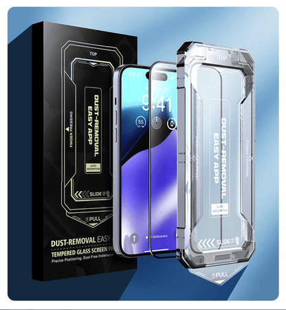 iPhone 16e panssarilasi asennuskehikolla – pystykuva paketista.