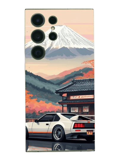 BackSkin Fuji Drift puhelimen takakalvo – Fuji-vuori ja retroauto syksyisessä Japanissa