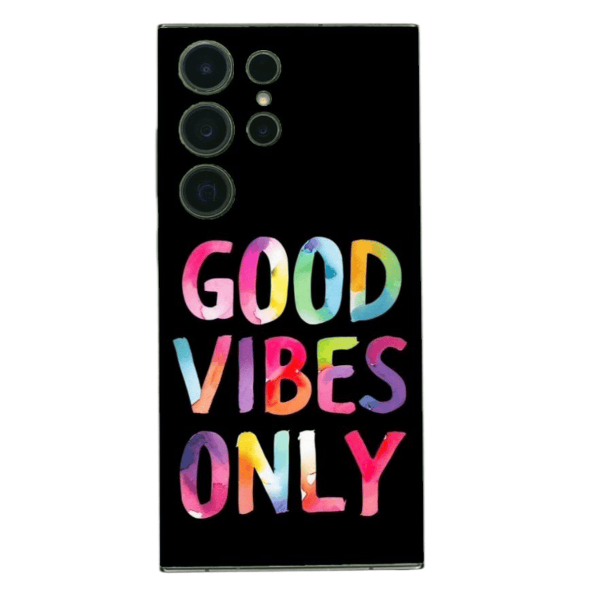 Takakalvo – GOOD VIBES ONLY -teksti sateenkaaren väreissä