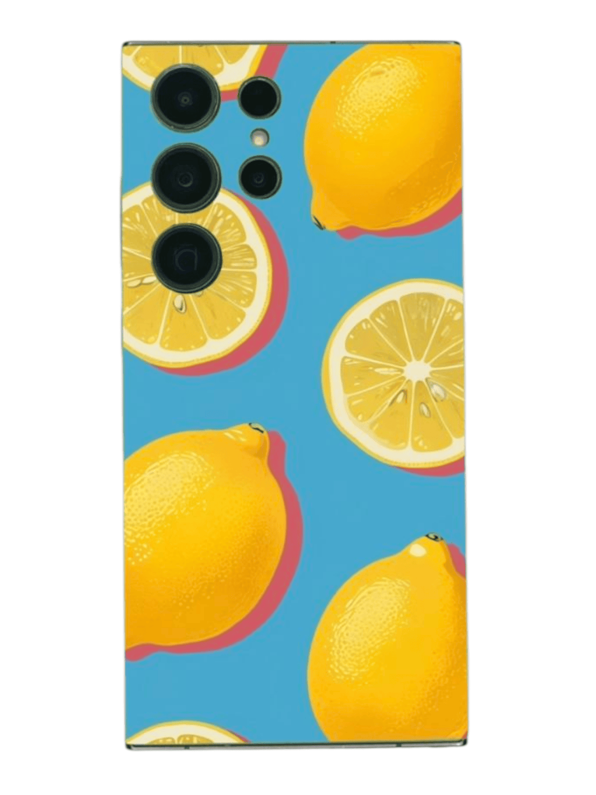 BackSkin Lemon Pop – puhelimen takakalvo keltaisilla sitruunoilla ja sinisellä taustalla