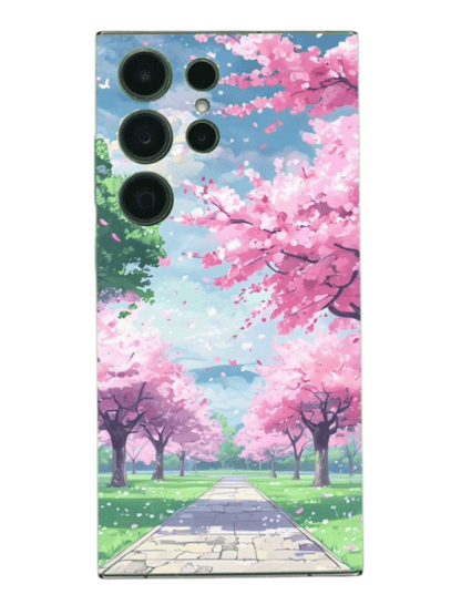 BackSkin Sakura Walk – piirretty puhelimen takakalvo kirsikankukilla ja sinisellä taivaalla