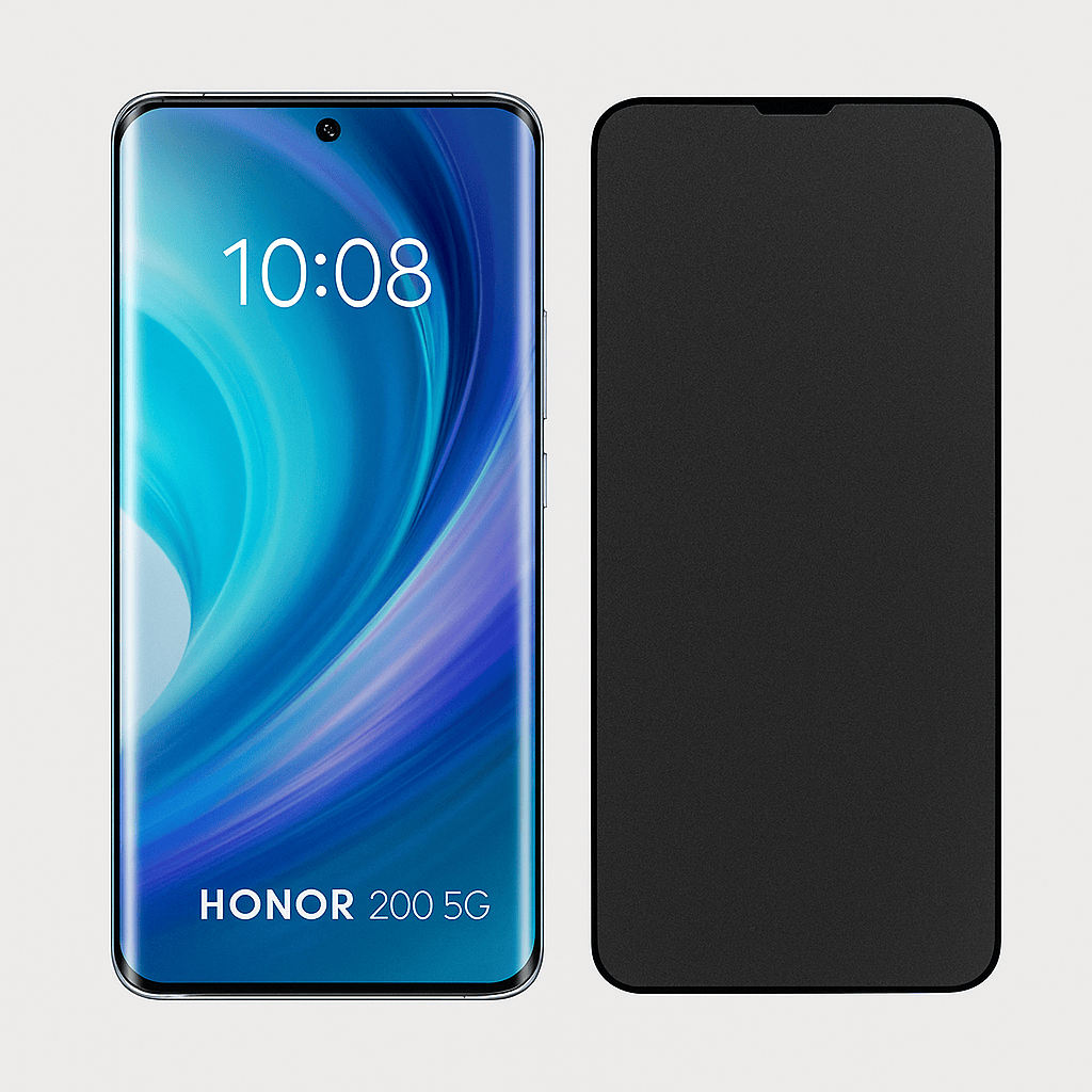 Honor 200 5G puhelin ja mattapintainen privacy panssarikalvo vierekkäin