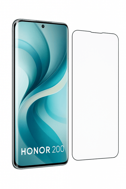 Honor 200 puhelin ja panssarikalvo / panssarilasi vierekkäin tuotekuvassa