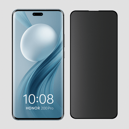 Honor 200 Pro puhelin ja privacy panssarikalvo vierekkäin, näyttö tumma sivulta katsottuna