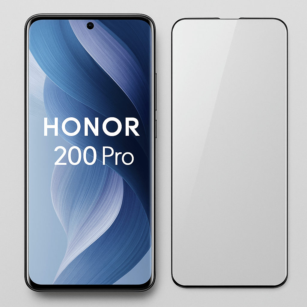 Honor 200 Pro puhelin ja ultra panssarikalvo vierekkäin, ohut ja kaarevalle näytölle sopiva lasimainen suoja