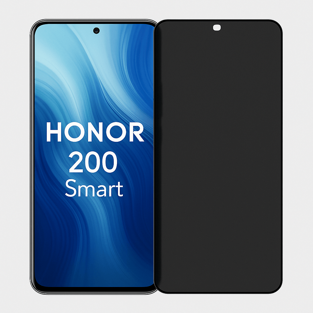 Honor 200 Smart puhelin ja privacy panssarikalvo vierekkäin, näyttö tummuu sivusta katsottuna