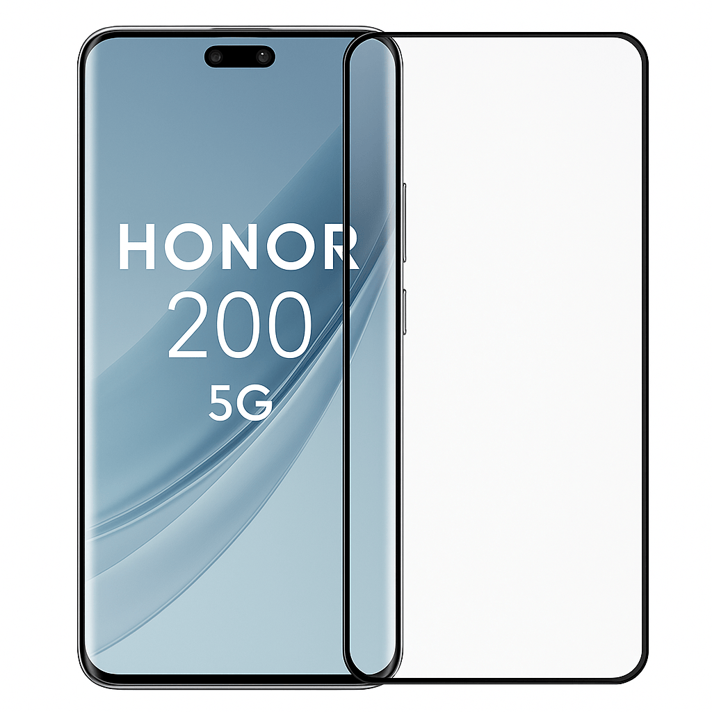 Honor 200 5G puhelin ja Ultra panssarikalvo lasimaisella pinnalla vierekkäin