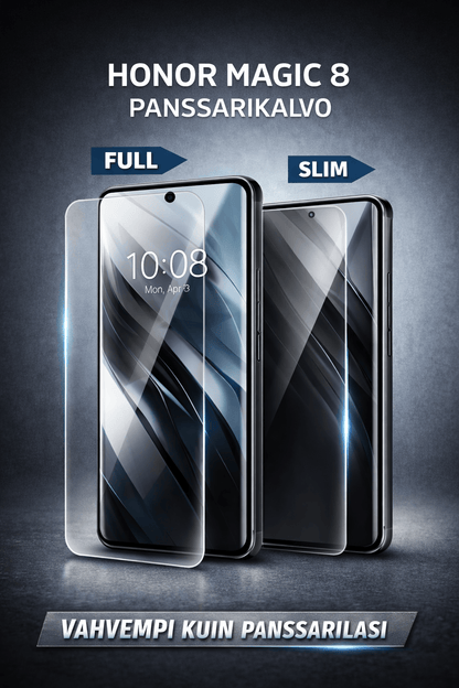 Honor Magic 8 panssarikalvo – Arctic Shield Titan näytönsuoja Full ja Slim -versioina, lasimainen pinta ja panssarilasia kestävämpi suoja