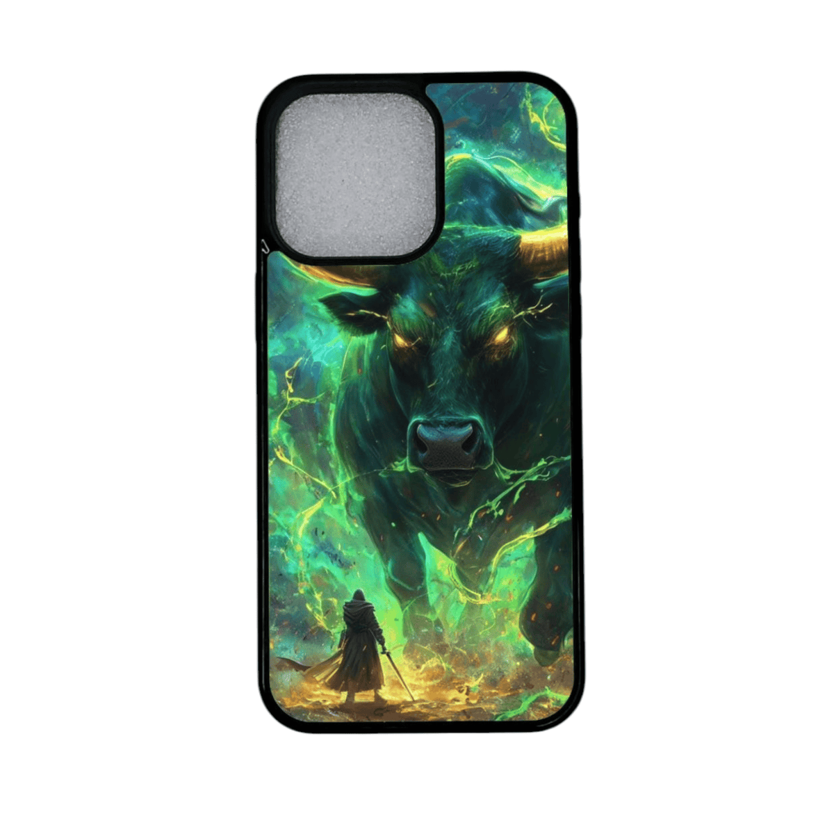 iPhone 12 suojakuori tummalla animehahmo-kuvituksella ja punaisella kuulla
