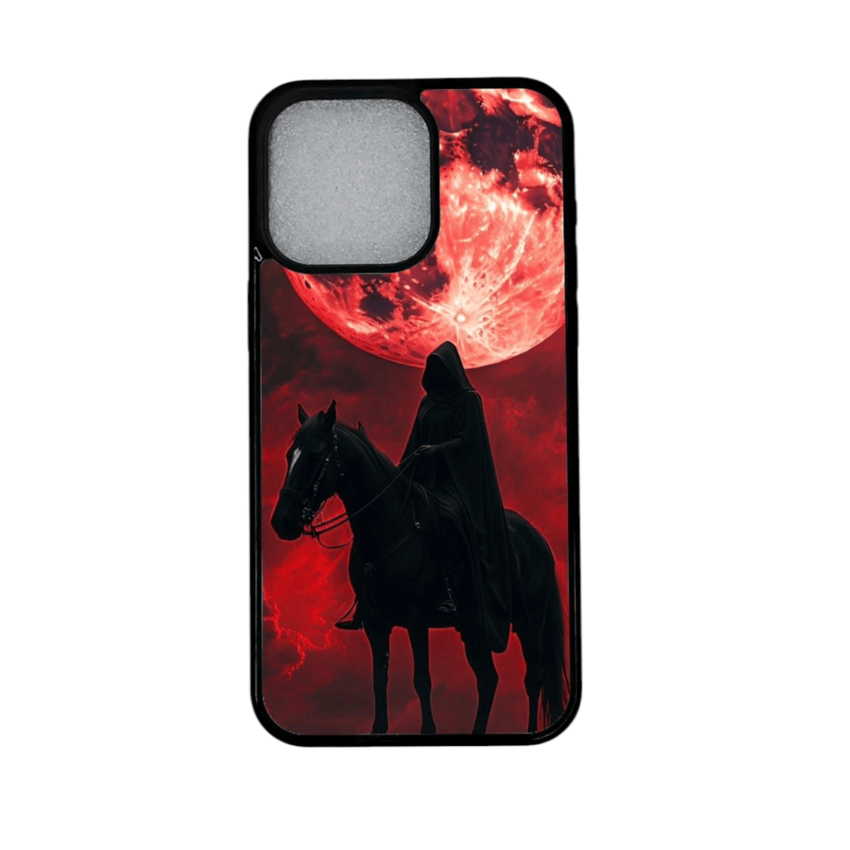iPhone 12 kuori tummalla ratsastajalla ja punaisella kuulla