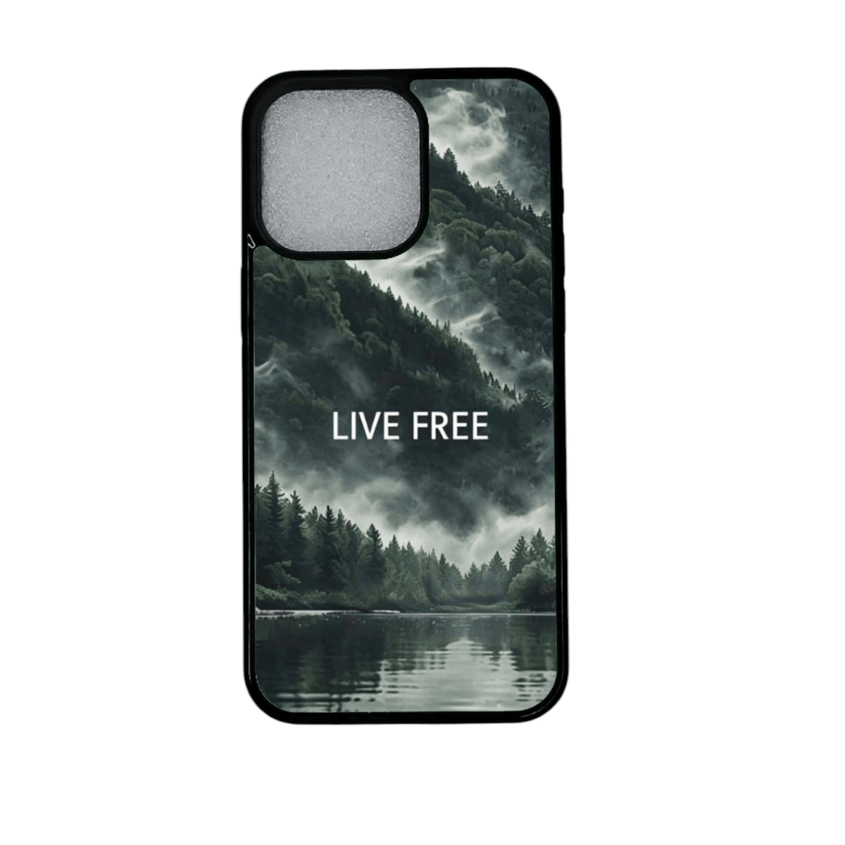 iPhone 12 Pro suojakuori metsämaisemalla ja "Live Free" -tekstillä
