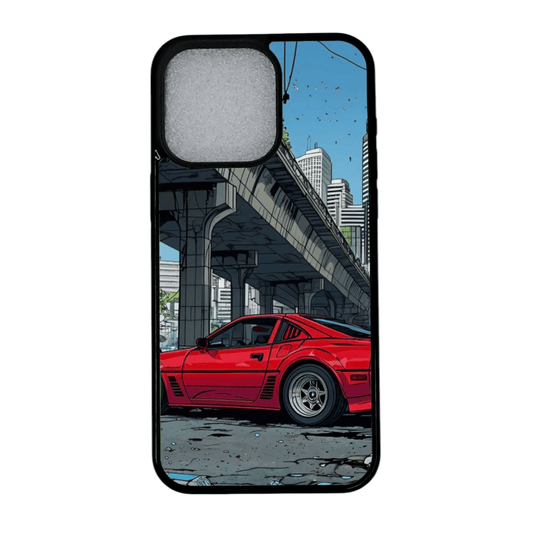 iPhone 12 Pro kuori punaisella retroautolla ja kaupunkitaustalla edestä (etukuva)