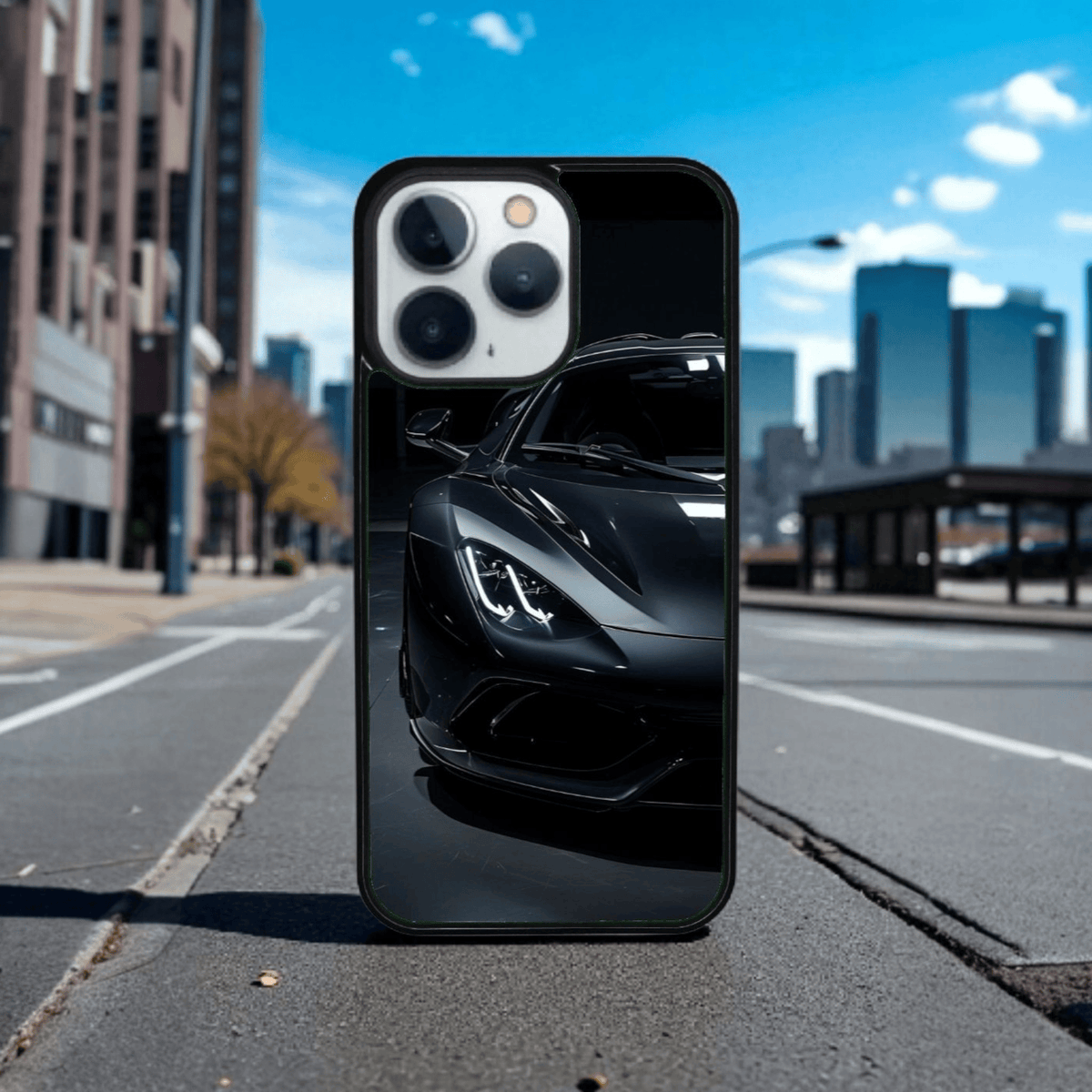 iPhone 12 Pro suojakuori omalla kuvalla – musta urheiluauto design kaupunkimaisemassa