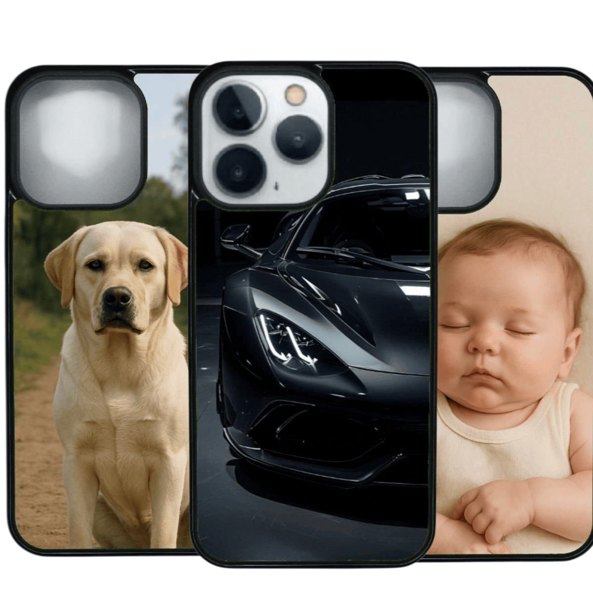 iPhone 14 Pro Max suojakuoret omalla kuvalla – koira, musta urheiluauto ja nukkuva vauva