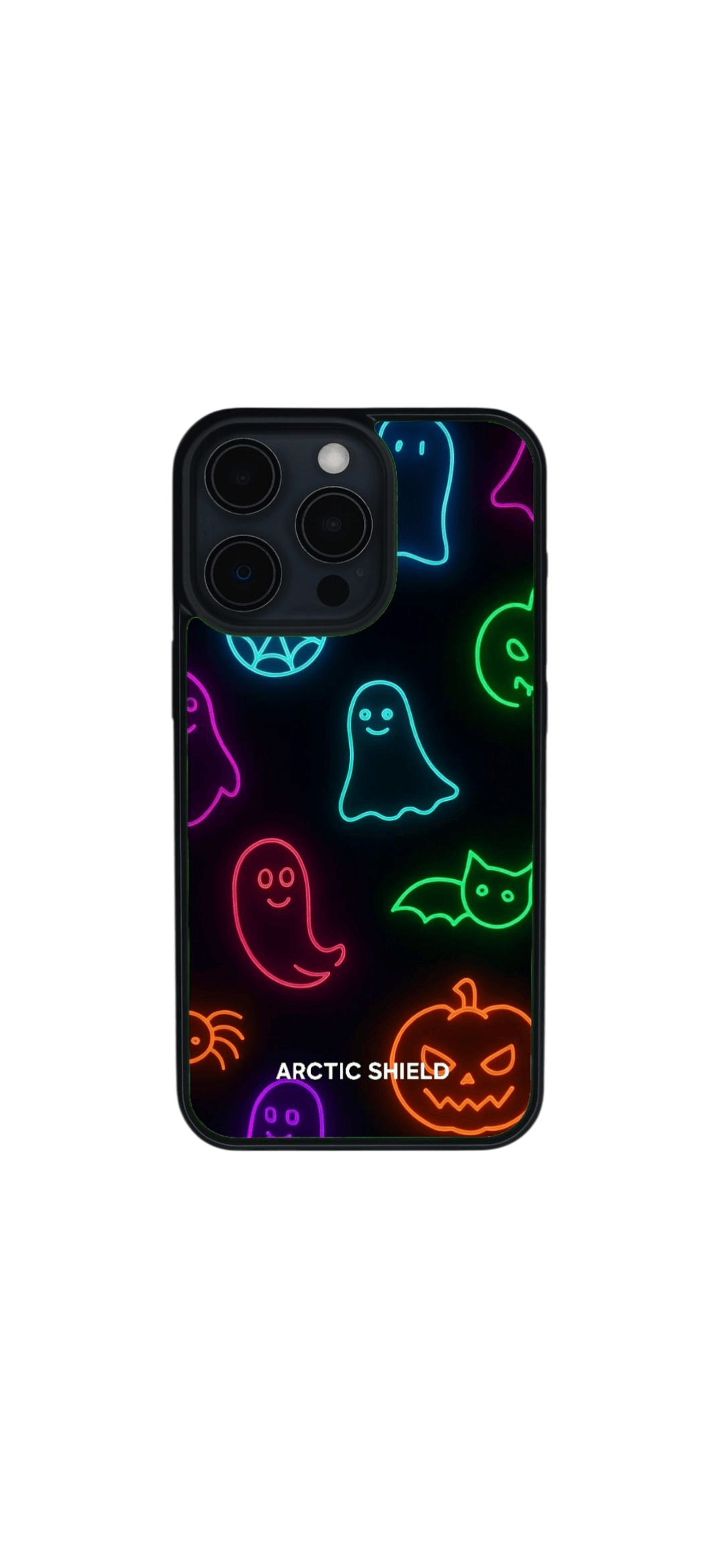 iPhone 15 Plus Magsafe suojakuori – neon Halloween design, kummitukset ja kurpitsat