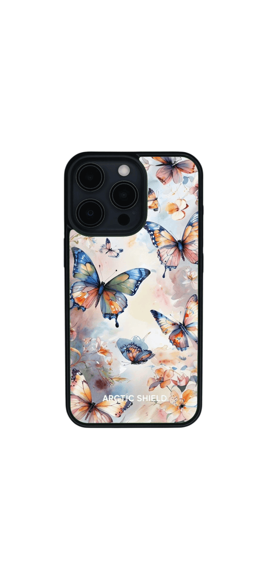 iPhone 15 Plus suojakuori Arctic Shield perhoset – näyttävä perhos- ja kukkakuosi

