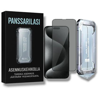 iPhone 15 Pro Privacy panssarilasi asennuskehikolla – 3 kpl
