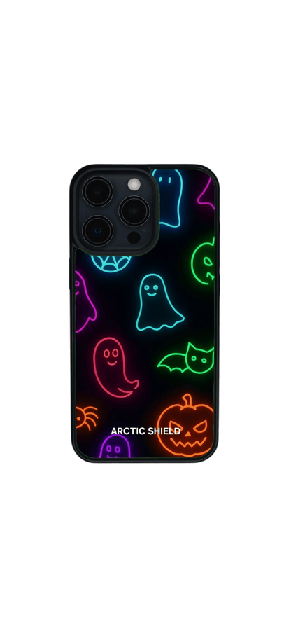 iPhone 16 Magsafe suojakuori – neon Halloween kuosi, lepakko ja haamut