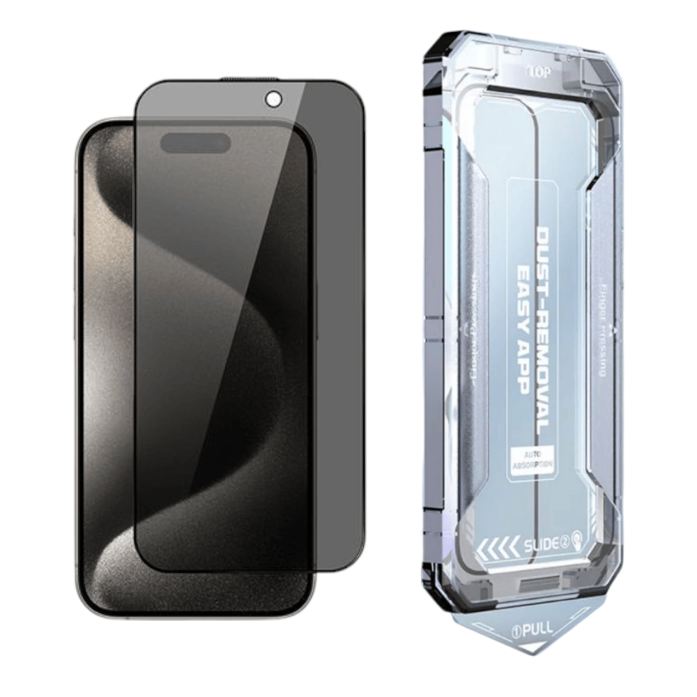 Privacy panssarilasi asennuskehikolla iPhone 16 – kuplaton asennus
