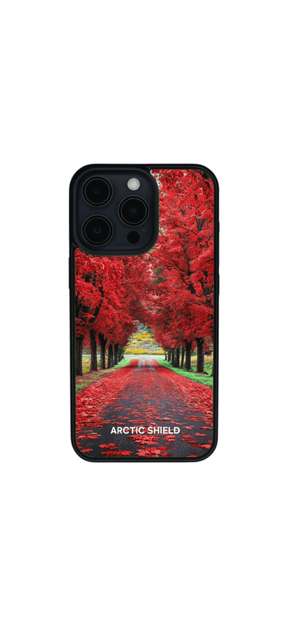 iPhone 16 Pro Max suojakuori Arctic Shield punainen syystie – iPhone kuori syksyisellä tiekuosilla
