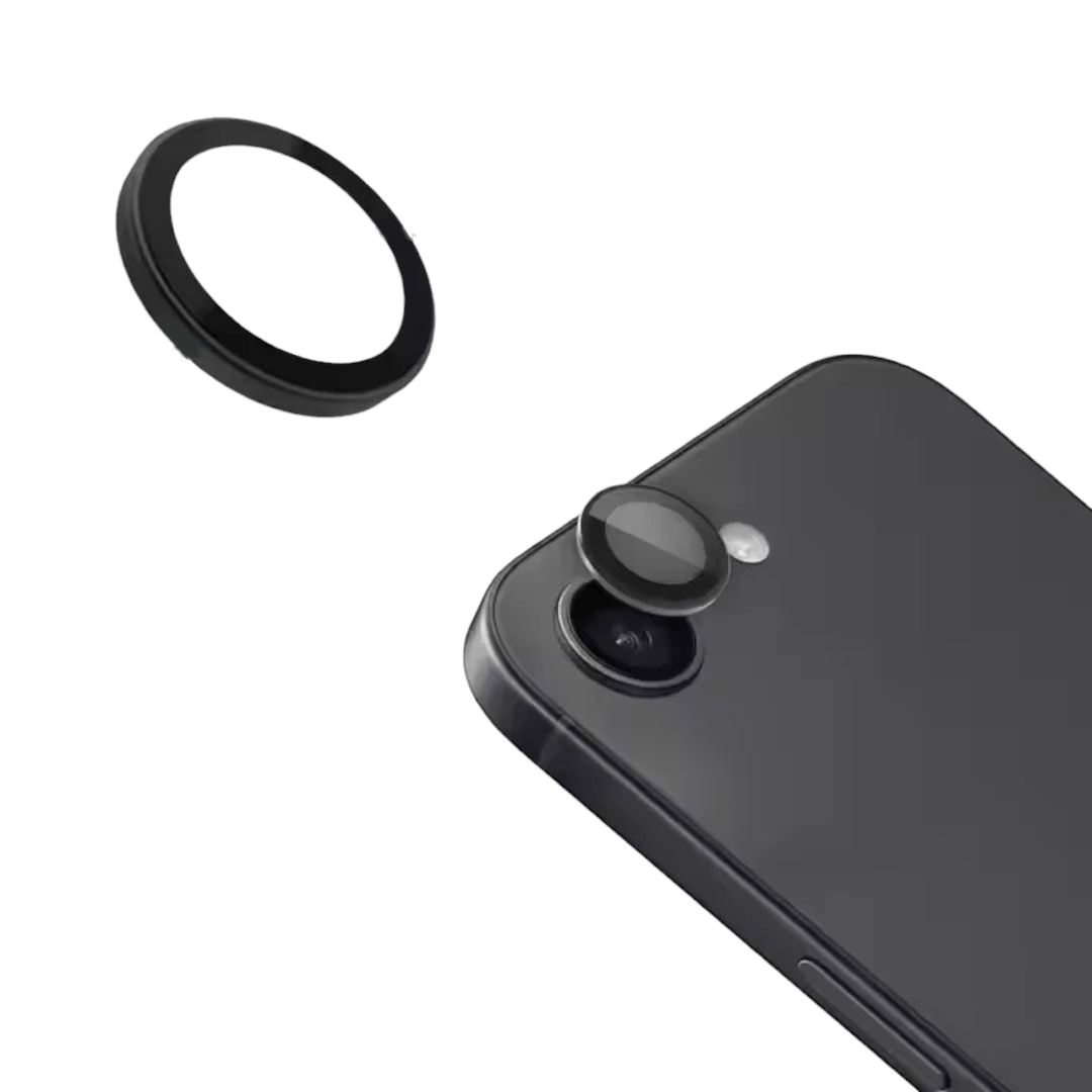 iPhone 16e puhelin, johon on asennettu linssinsuoja – täydellinen istuvuus ja tyylikäs ulkonäkö