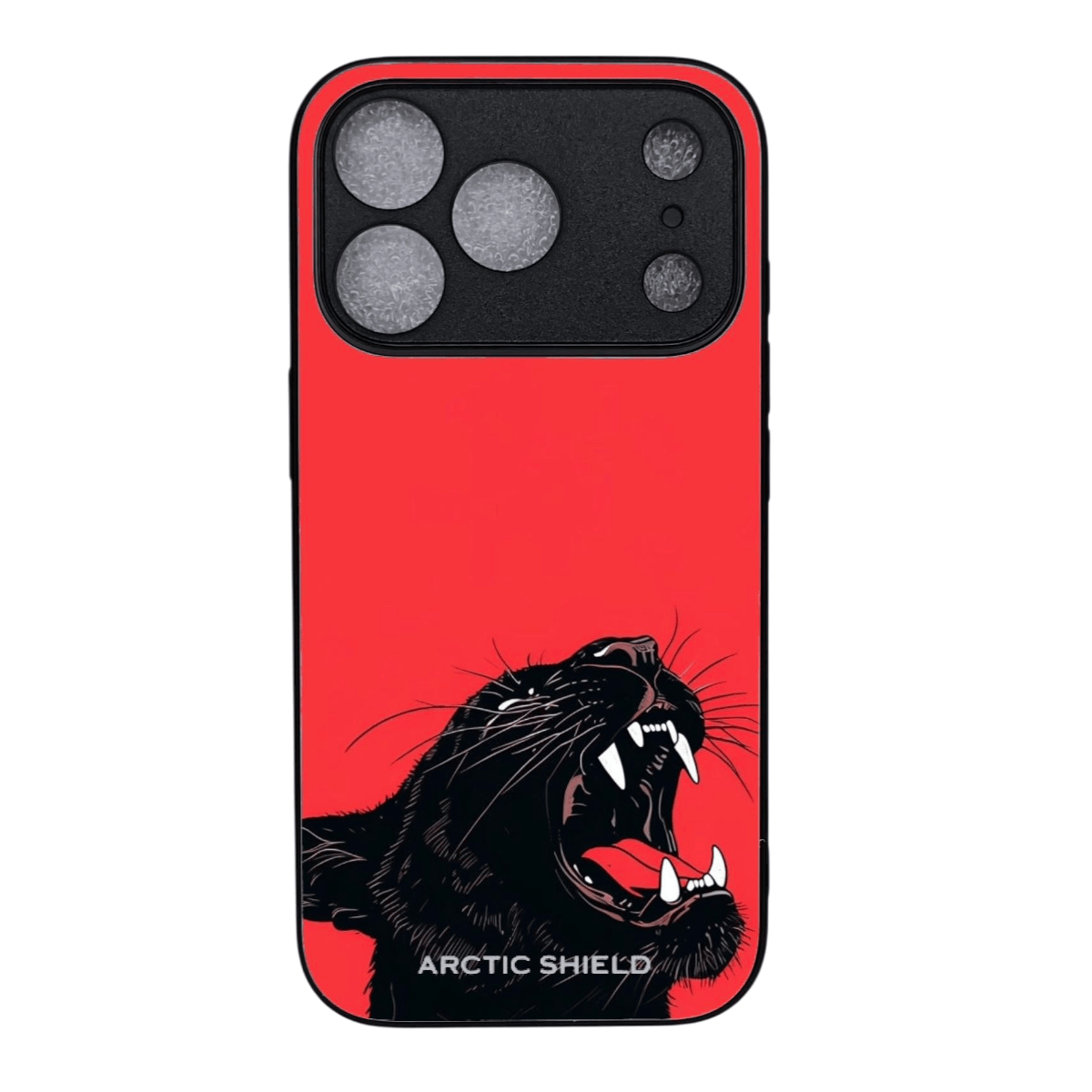 iPhone 17 Pro Max suojakuori MagSafe yhteensopiva – Arctic Shield musta panteri punaisella taustalla

