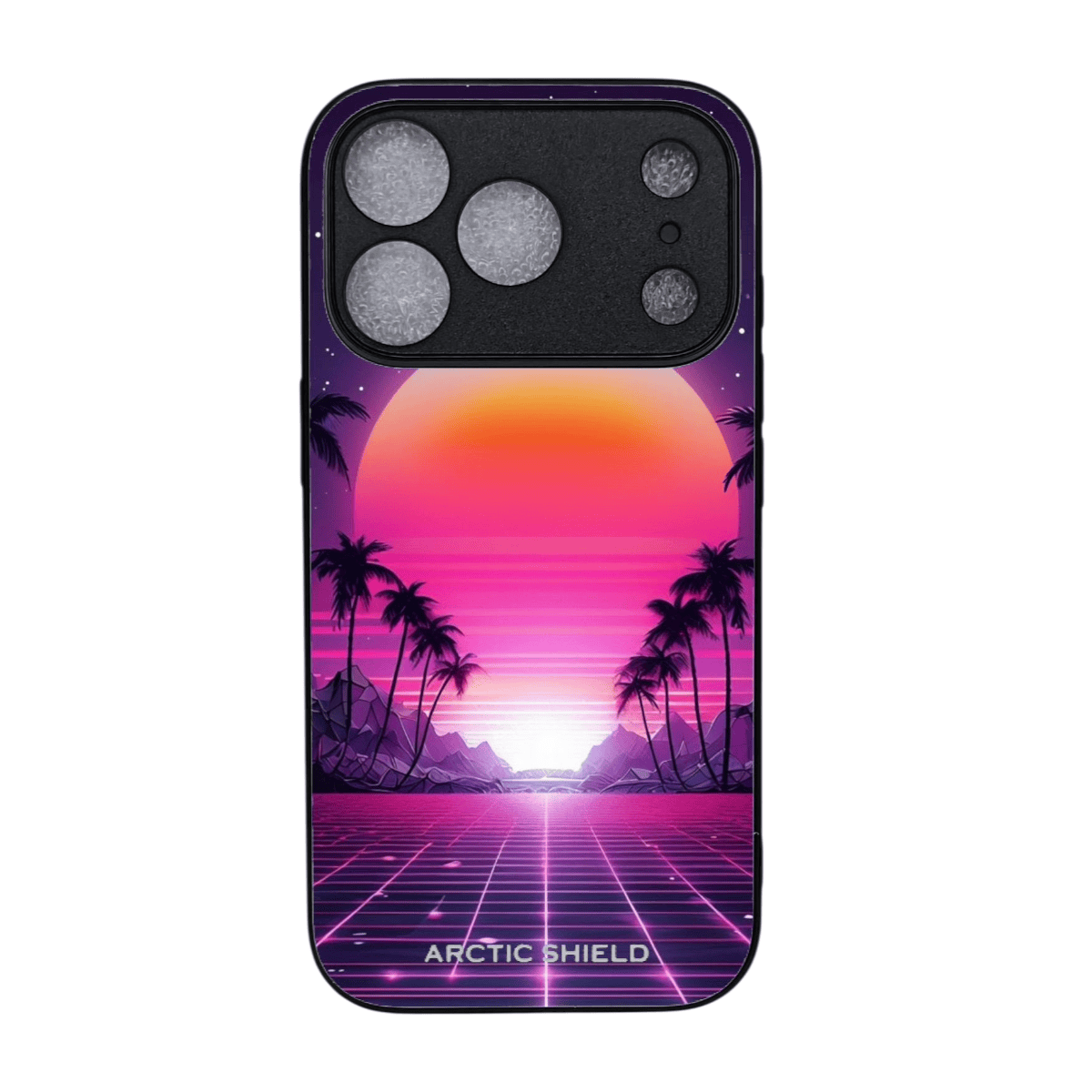 iPhone 17 Pro Max suojakuori MagSafe yhteensopiva – Arctic Shield retro auringonlasku neonvärinen palmu design

