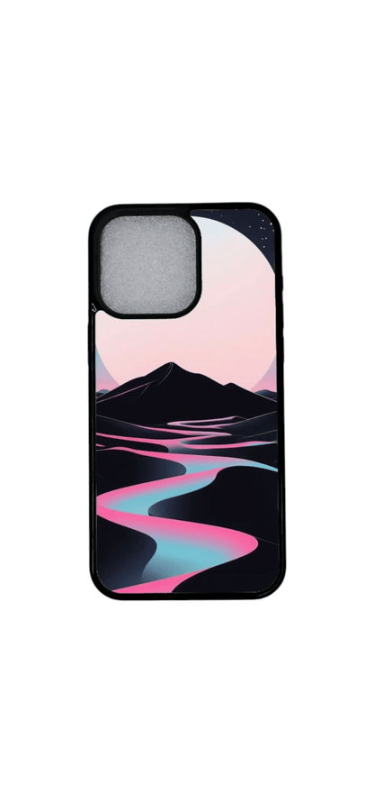 Neonvirta iPhone-kuori, magneetilla varustettu taiteellinen puhelinkuori, pinkki ja turkoosi vuorijokimaisema