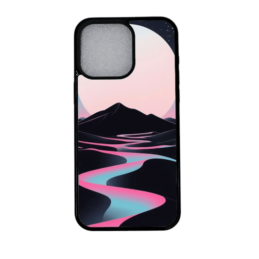 Neonvirta iPhone-kuori, magneetilla varustettu taiteellinen puhelinkuori, pinkki ja turkoosi vuorijokimaisema
