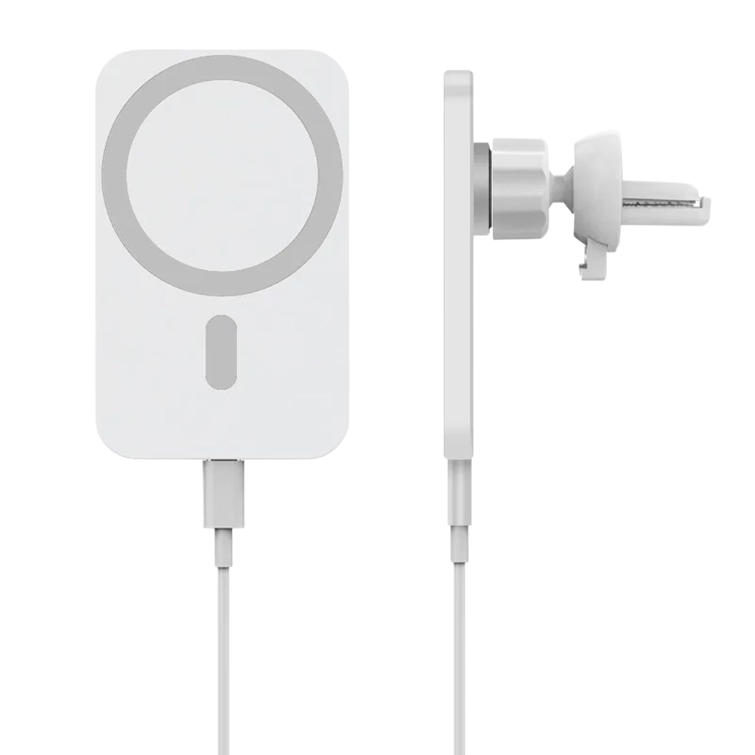 Valkoinen MagSafe-autolaturi kiinnitettynä auton ilmastointiritilään – tyylikäs ja siisti asennus
