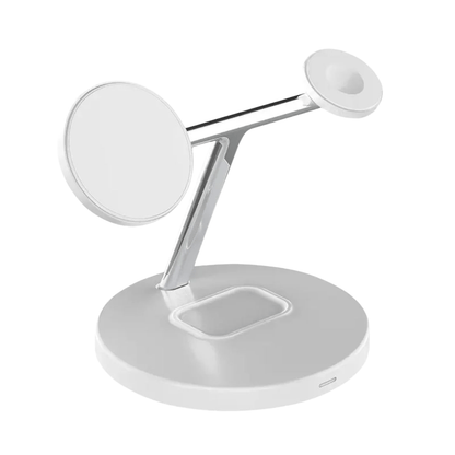 Magneettinen valkoinen 3-in-1 MagSafe-latausteline viistosti vasemmalta