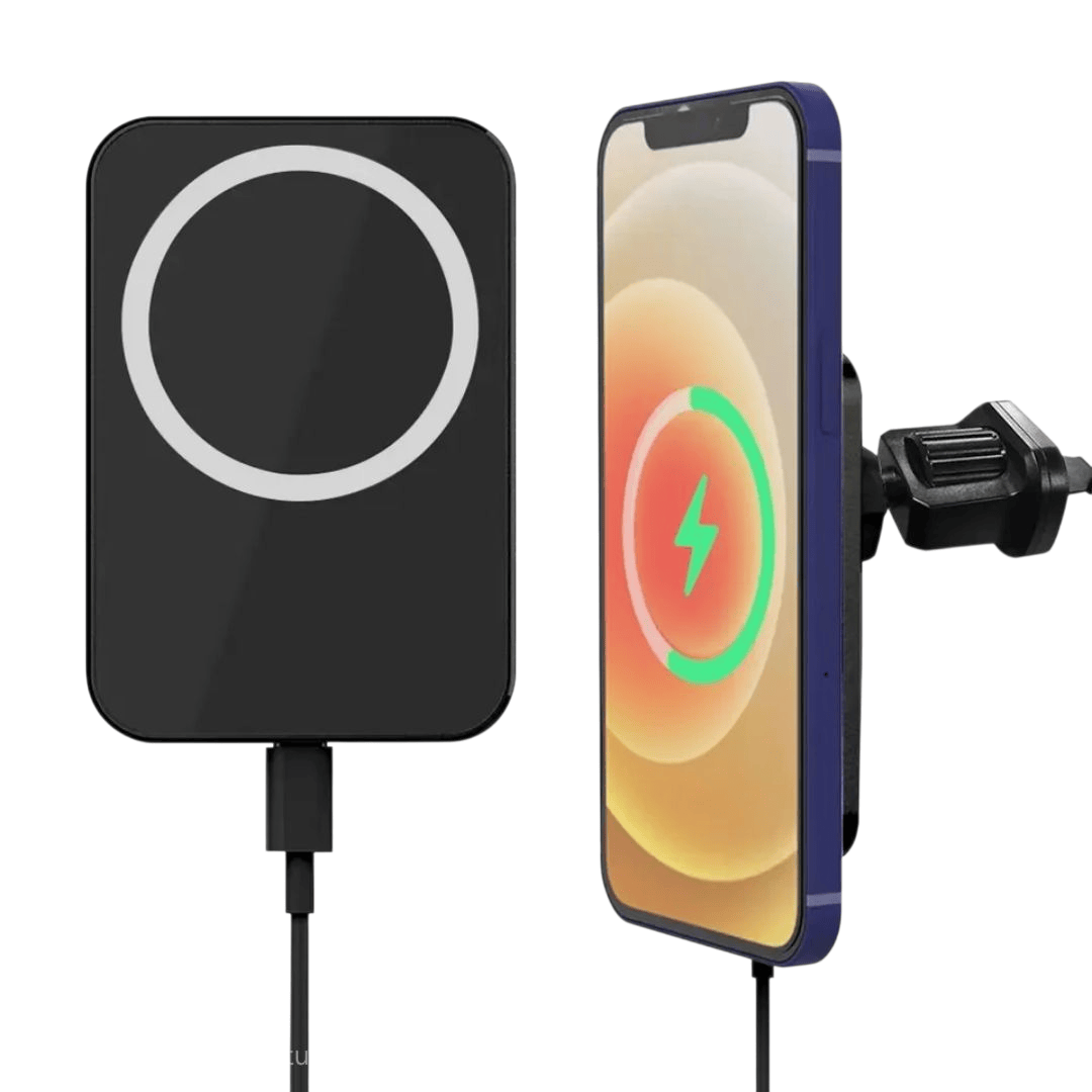 Musta universaali langaton autolaturi metallirenkaalla – OnePlus puhelin latauksessa autossa