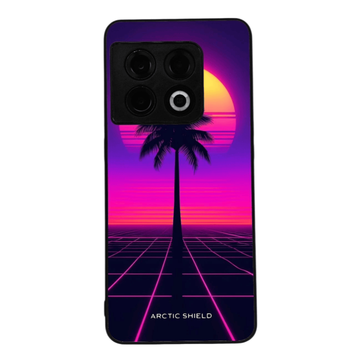 OnePlus 10 Pro kuori – Neon maisema, palmu ja pinkki violetti aurinko