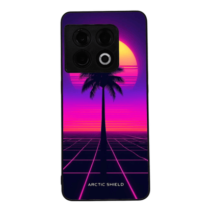 OnePlus 11 kuori – Neon maisema, palmu ja pinkki violetti aurinko