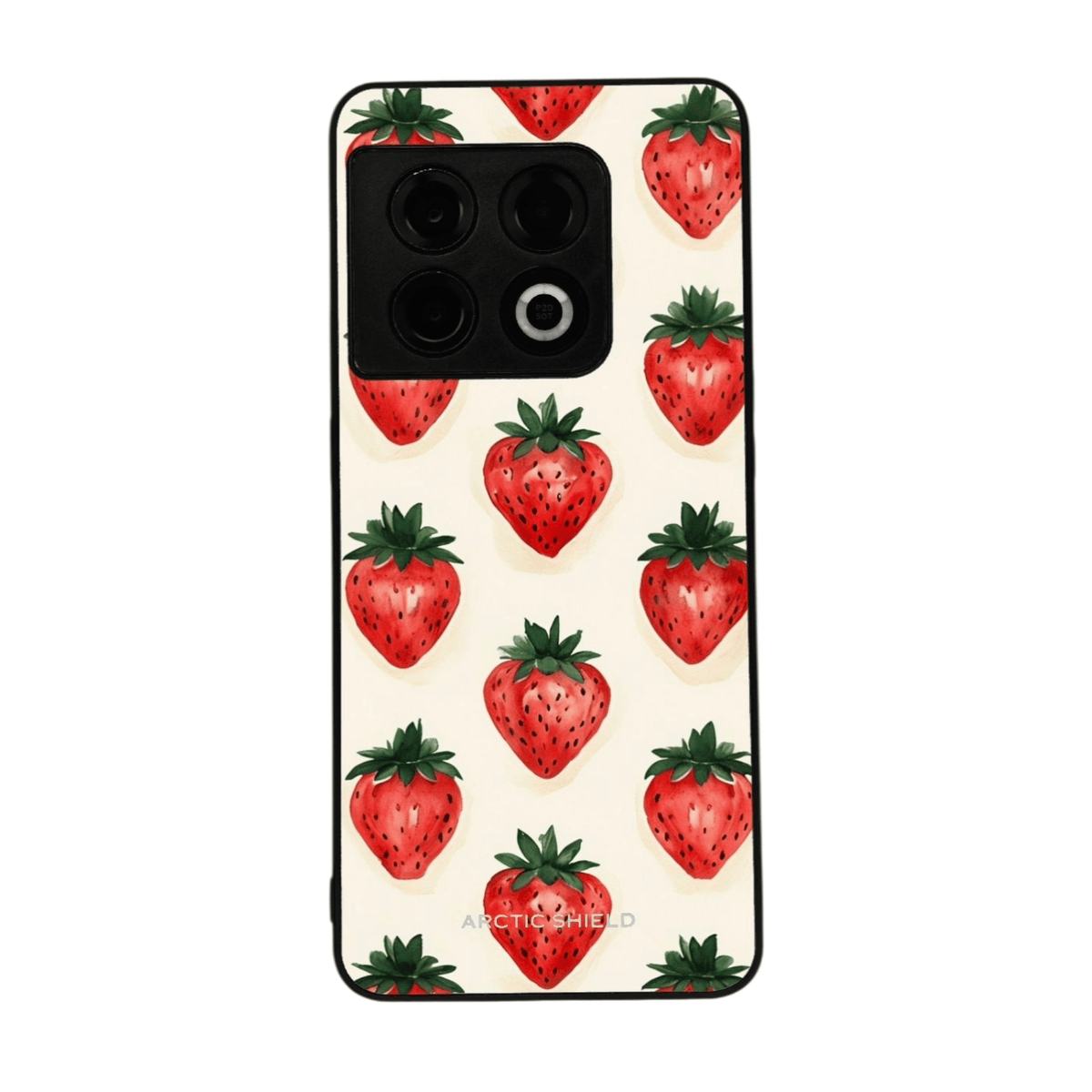 OnePlus 13R Arctic Shield -suojakuori – mansikkakuosi vaalealla taustalla