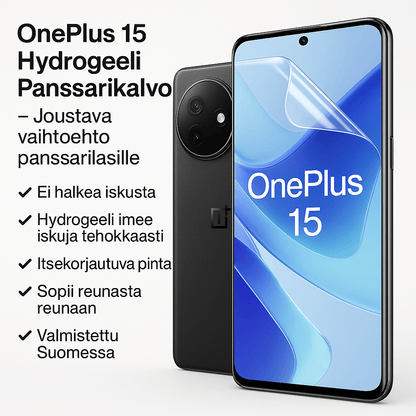 OnePlus 15 -puhelin ja Arctic Shield hydrogeeli panssarikalvo puoliksi asennettuna – joustava vaihtoehto panssarilasille, reunasta reunaan suoja, ei halkea iskusta.