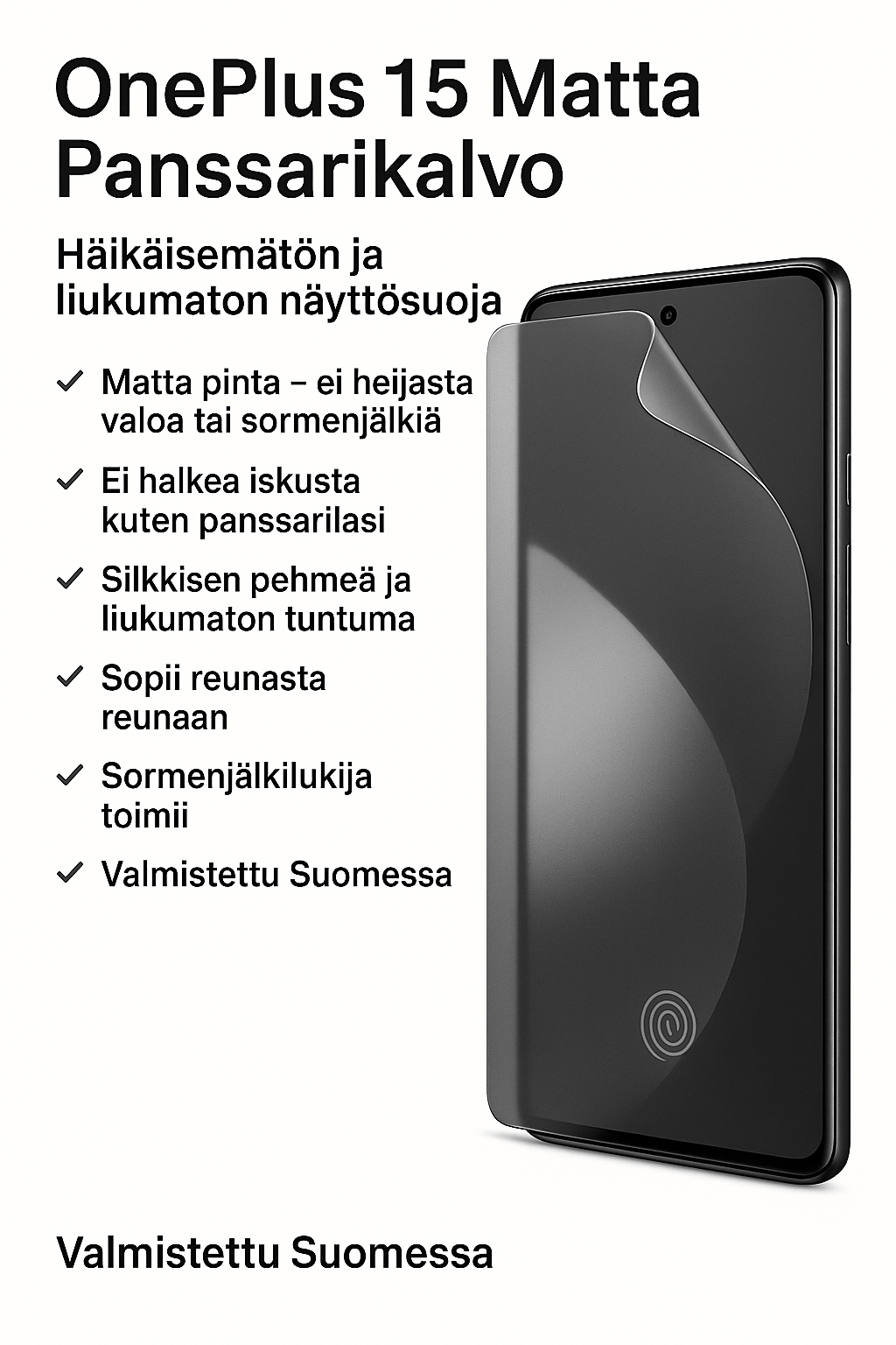 OnePlus 15 ja Arctic Shield matta panssarikalvo – heijastamaton, ei halkea iskusta, sormenjälkilukija toimii.