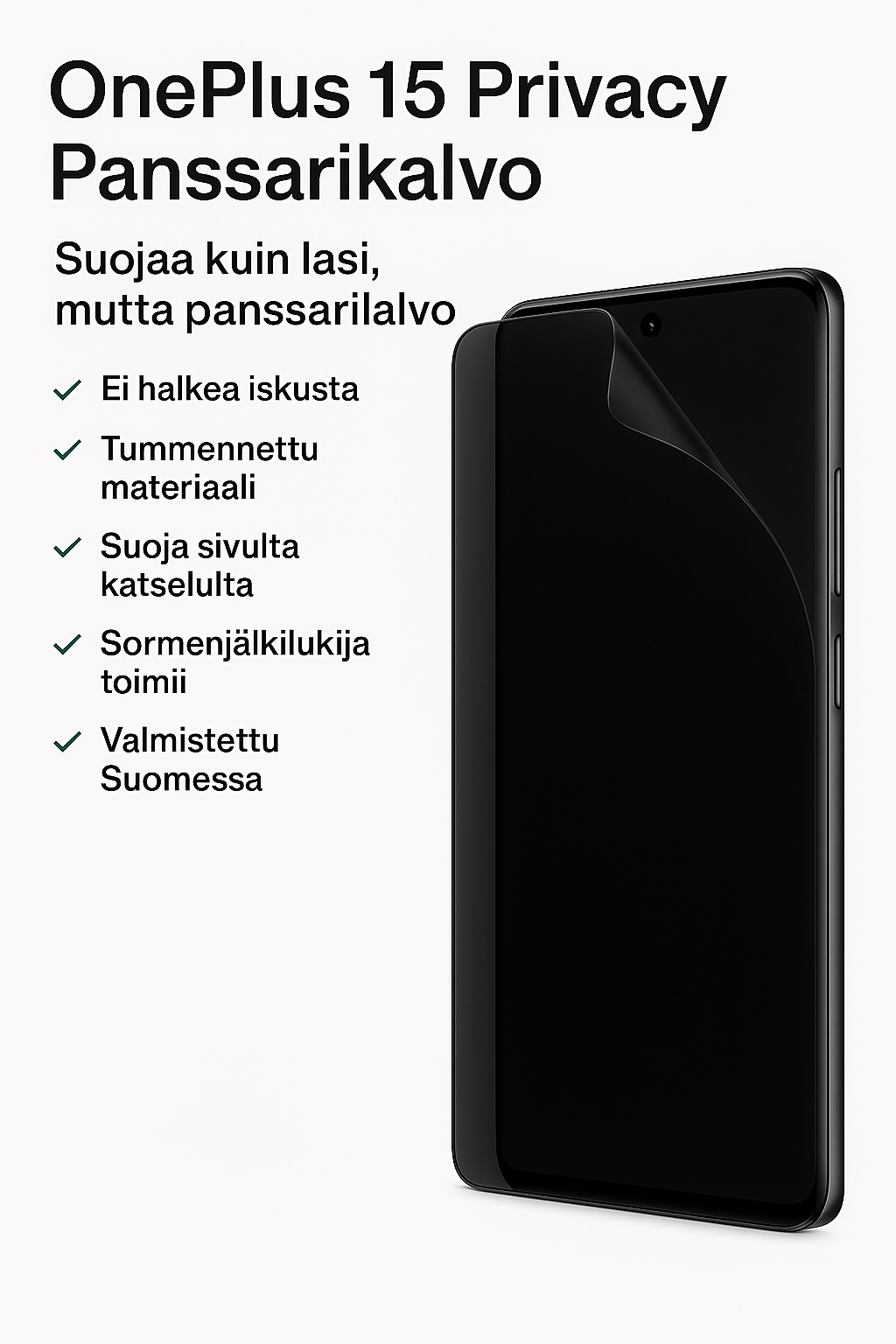 OnePlus 15 ja Arctic Shield Privacy panssarikalvo – tumma näytönsuoja, estää sivukatselun ja sormenjälkilukija toimii.