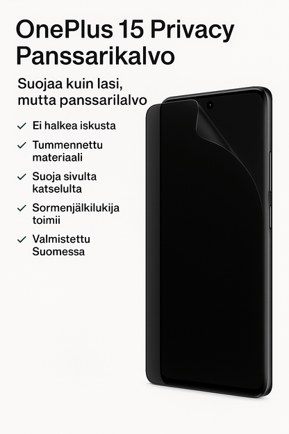 OnePlus 15 ja Arctic Shield Privacy panssarikalvo – tumma näytönsuoja, estää sivukatselun ja sormenjälkilukija toimii.