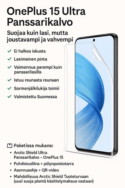 OnePlus 15 ja Arctic Shield Ultra panssarikalvo – lasimainen joustava suoja, ei halkea, täydellinen istuvuus.