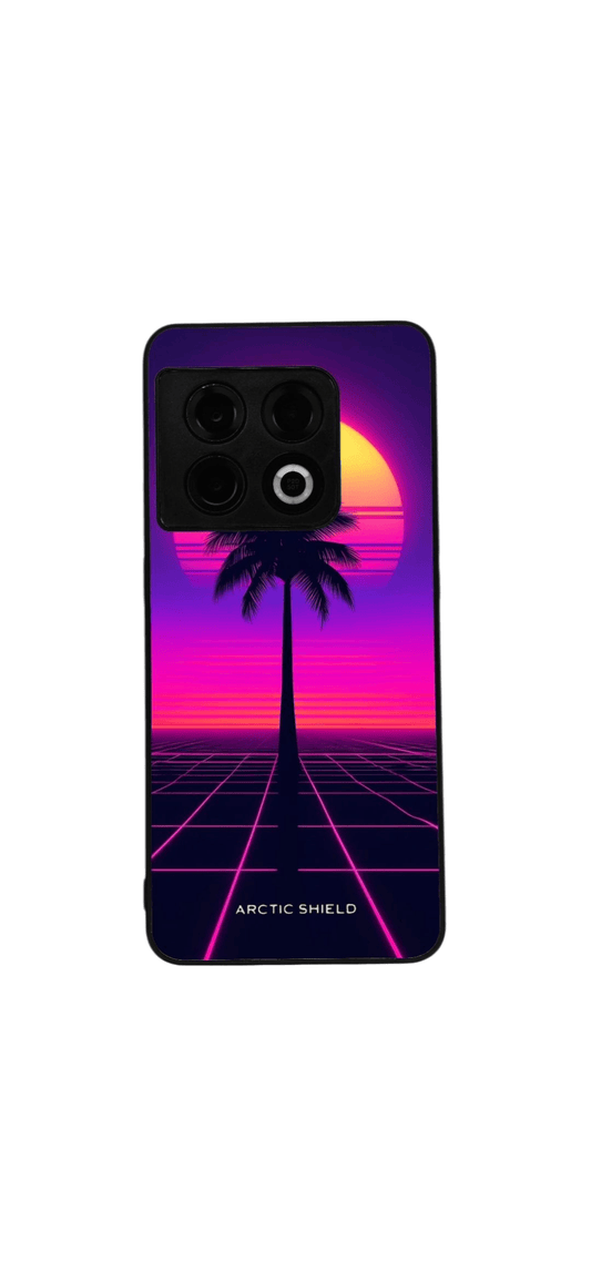 OnePlus 7 Pro suojakuori – Retro neon auringonlasku ja palmu