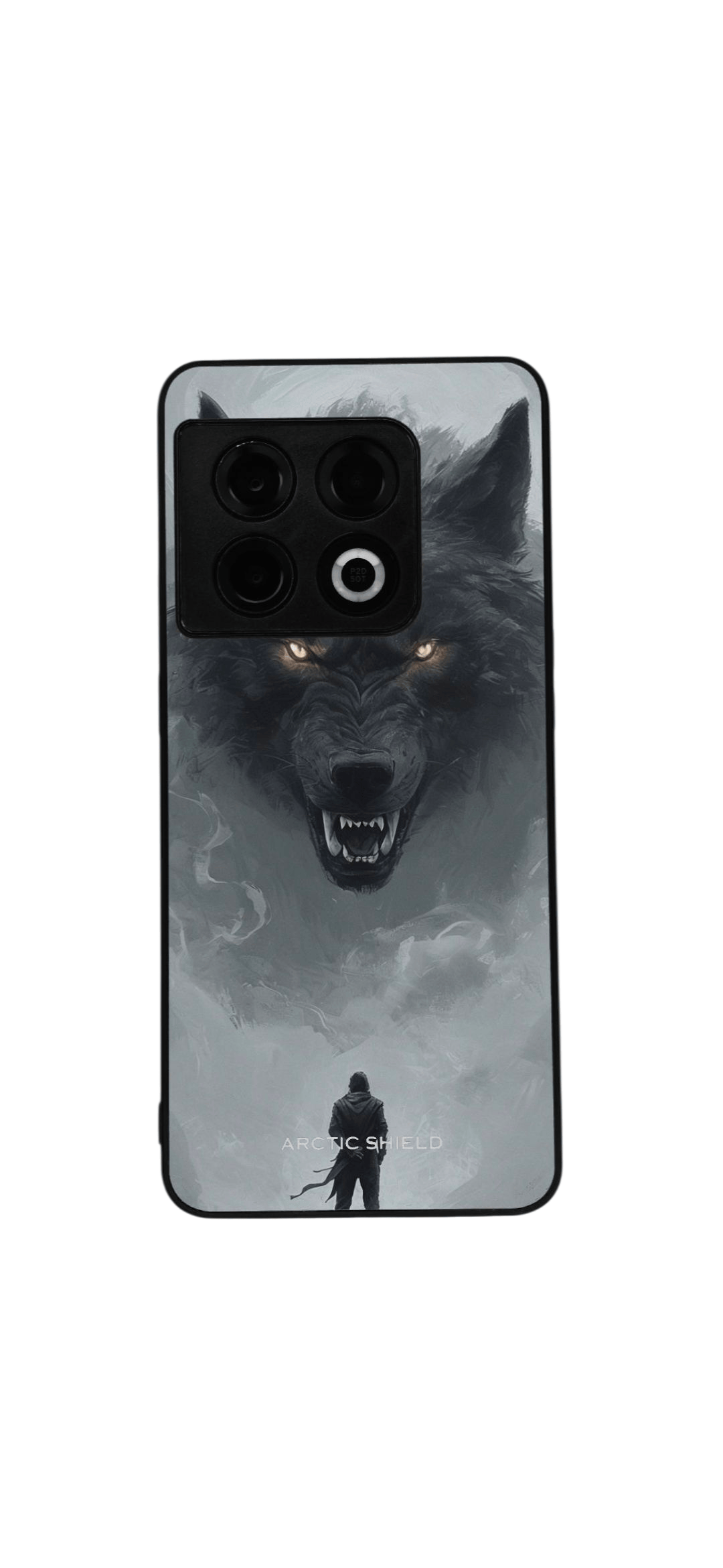 OnePlus 7T Pro Arctic Shield Wolf -suojakuori – utuinen harmaa tausta ja kimeäkatseinen susi
